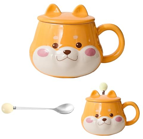 Shiba Inu Tasse, Keramik Tasse Hund Lustig mit Deckel und Löffel, Kreative Keramik Shiba Inu Kawaii Kaffeetasse, Süße Becher Geeignet für Kaffee, Tee, Milch(420ml)
