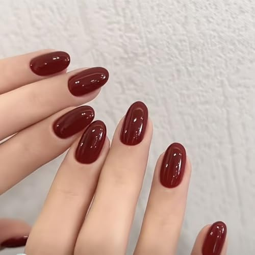 modelones Dark Red Short Press On Nails, Oval Fake Nails with Nail Glue, Adhesive Tabs, Nail File, Prep Pad, Manicure Stick, 32Pcs 16 Sizes, Cherry, Spring Women Girl Gift