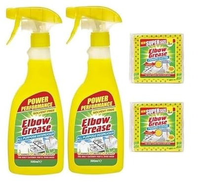 Elbow Grease All Purpose Degreaser Spray 2X (500ml Each), Effective Cleaner Formula for Kitchen, Fabric, and Metallic Surfaces with Elbow Grease Power Cloth x 2 pack