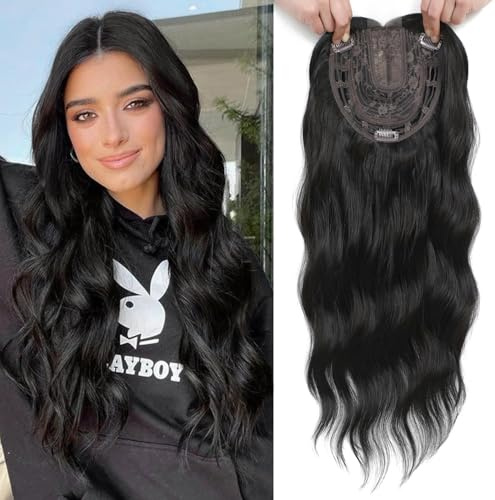 PORSMEER Haartopper mit Spitze für Frauen,50cm wellige Locken Haartopper, Haarteile bei dünner werdendem Haar,Clip In Hair Topper Perücken Mittelscheitel, Haar Volumen hinzufügen(Schwarz)