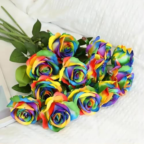 Laelfe 12 Pcs Rainbow Roses Artificial Flowers, 53 cm Single Long Stem Faux Silk Rainbow Rose Fake Colorful Flowers for Wedding Bridal Bouquet Home Party Hotel Decorations (Colorful)
