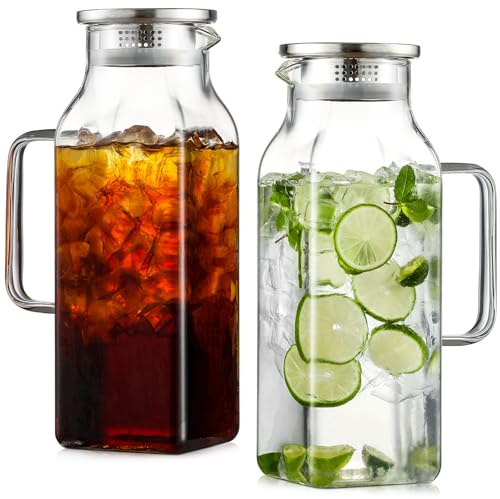 Netany 2 Pack 2.22 Liters/75 oz Square Glass Pitcher with Lid and Handle for Fridge, Iced Tea and Coffee Carafe Beverage Serveware, Heat Resistant Borosilicate Water Jug for Hot/Cold Drinks and Milk
