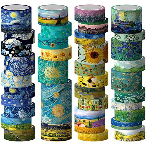 Jniseger Washi Tape Set, 36 Rolls Van Gogh Vintage Gold Washy Tape, breite dekorative Tape für Journaling, Scrapbooking Supplies, 6-Größen Craft Aquarell Tape