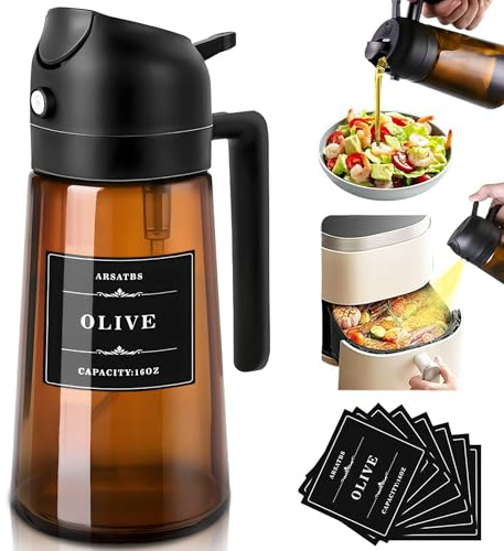 Arsatbs 16oz/470ml Olive Oil Sprayer for Cooking, 2 in 1 Oil Dispenser Bottle Spray and Pour with Stickers, Premium Dark Brown Glass Oil Bottle for Air Fryer and Salad