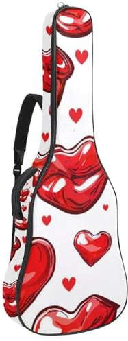 Gitarrentasche für Akustikgitarre mit zwei Taschen, rote Lippen und Herzmuster, wasserabweisend, doppelt verstellbarer Schultergurt, Gitarrentasche, Rote Lippen und Herzaufdruck, 42.9x16.9x4.7 in,