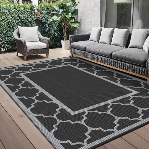 GENIMO Outdoor Teppich Wetterfest 275 x 365 cm, Balkonteppich Wasserfest für Terrasse, Gartenteppich Beidseitig Kunststoff, Aussenteppich in 5 Größen, Schwarz & Grau Morocco Spalier