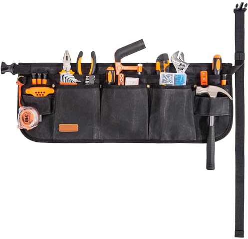 Tool Waist Apron, Heavy Duty Waxed Canvas Tool Belt, Waist Tool Belt with 10 Pockets and 2 Hammer Loops, Adjustable Length (Black-Waxed)