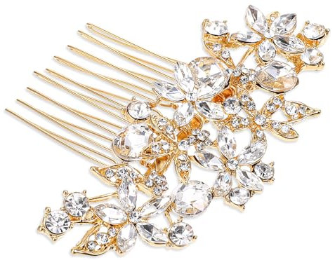 Bridal Hair Comb, Haarschmuck Hochzeit, Braut Haarschmuck Strasssteine Haarkamm Zum Stecken, Kristall Blumen Haarklammern für Damen und Mädchen Braut Brautjungfer (Gold)