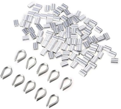 iplusmile 50pcs Shaped Wire Rope Aluminum Sleeves Clip Fittings Cable Crimps and Stainless Steel Thimble Combo for Cable Clamp Cord Clips