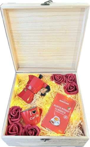 Gift box - Set with Moka Pot, Beautiful Red Mug, Gusto Rosso Coffee, and Red Roses