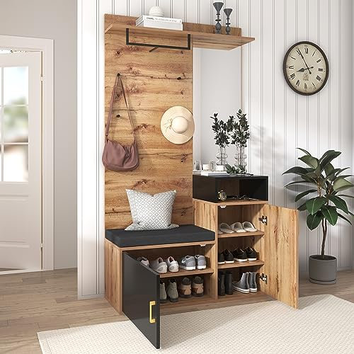 LAKFEW Garderobenset, Dielengarderobe, Wandgarderobe mit Spiegel, Schuhregal mit Ablage, Schuhschrank, Kompaktes Eingangsregal mit 4 Kleiderhaken und 1 Bank, 105x40 x 191,5cm, Schwarz