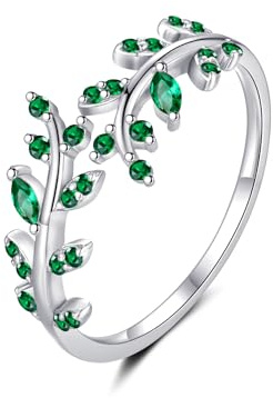 MASOP Ring Sterling Silber 925 Zweig Blatt Verstellbar Offener Ringe AAA Grün Zirkonia Sterlingsilber