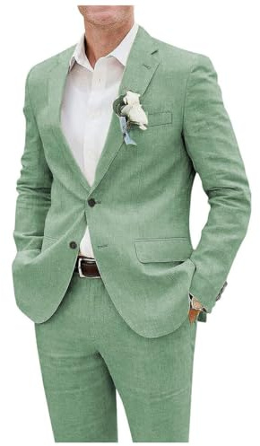 Costume en lin pour hommes 2 pièces avec blazer et pantalon à revers à encoche à simple boutonnage, léger, smoking pour mariage professionnel, vert sauge, M