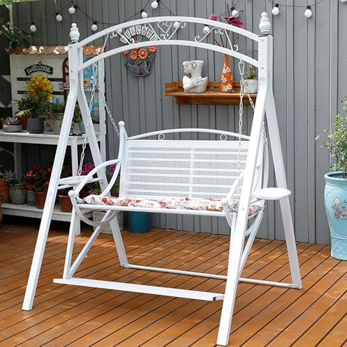 2 Sitzer Hollywoodschaukel aus Metall mit A-Rahmen, Schaukelbank Outdoor, Gartenschaukel mit 2 Ablagen und Fußstütze und Kissen, Tragkraft 300 Kg(White)