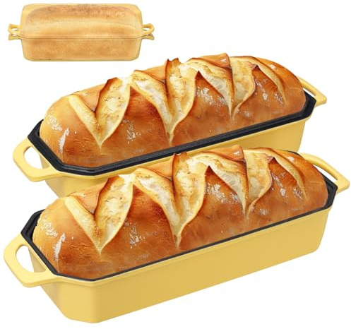 Flavehc Bread Pan Cast Iron Loaf Pan with Lid Bread Loaf Pan 13x5 Inch Enameled Cast Iron Sourdough Bread Pan,Yellow