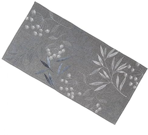Tischläufer Mitteldecke grau Silber Stickerei Blätter, 35 x 70 cm | Leinenoptik, Glanzeffekte