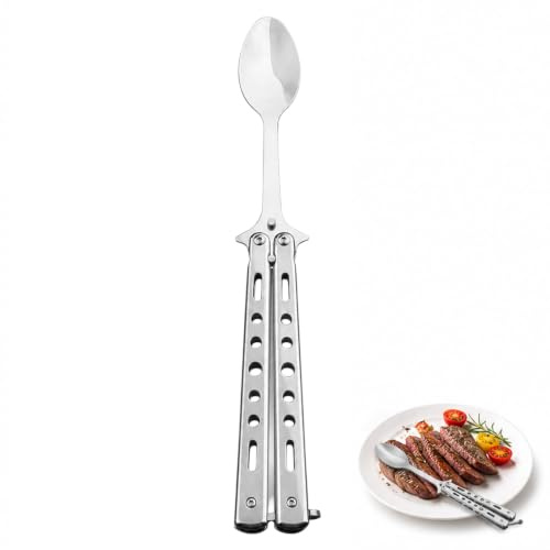 RLMVGBX Folding Camping Spoon Stainless Steel Portable Travel Cutlery | Compact folding spoon with butterfly design, stainless steel build and locking handle for camping, travel and picnics