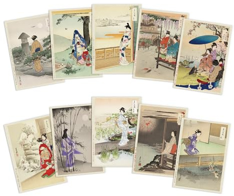 Japanische Ukiyo-e Postkarten Set von 10 - Ogata Gekko Woodblock Print Art Cards Pack - Bijin Flower Series - Vintage Style Aesthetic Stationery Gift