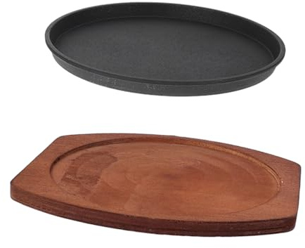 PRETYZOOM Piastra per Barbecue Rotonda Padella per Grigliare Bistecca in Ferro con Base in Legno Conduzione Efficiente Superficie Facile da Pulire per Cena e Barbecue