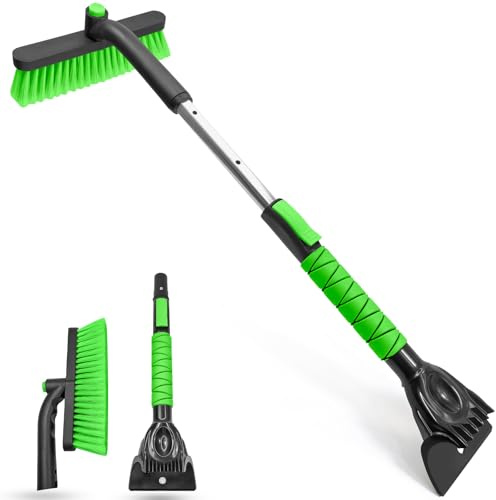 SEAAES 33 Inch Ice Scraper with Snow Brush for Car Windshield, Extendable Snow Scraper and Brush with Foam Grip for Truck SUV Vehicle Window - Green