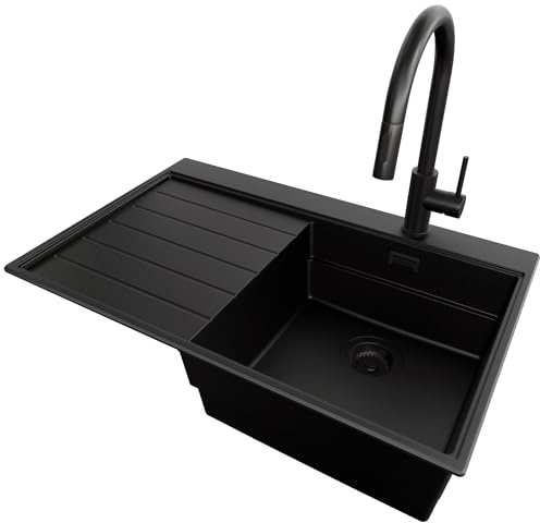 PRIMAGRAN Evier Cuisine en Granit au Meuble 45cm + Robinet, 78x50cm | Set: Robinet BW9010 + Kit de Vidage (Siphon, bonde d’évacuation, trop-plein) + Lavabo 1 Bac - Sydney, Tout Noir