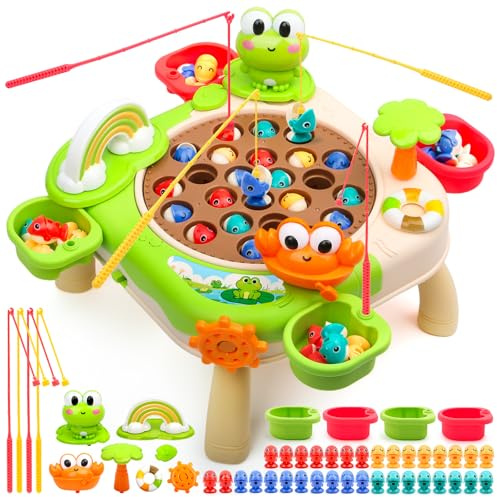 Varrotoy Magnetisches Angelspiel Kinder ab 4 Jahre, Musikalisches Angelspielzeug mit 34 Fischen und 4 Angelruten, Interaktives Brettspiel für Jungen Mädchen, Geschenk für Geburtstag Weihnachten