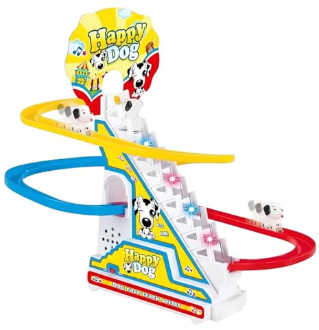Pista Giocattolo Salita delle Scale Elettrica con Luci Suoni Musica Luminoso Pista Corsa Felice Paperetta Pista Bambini Cani Pinguini Montagne Russe Arrampicata Scalatore Trenini Slide Race Led (B)