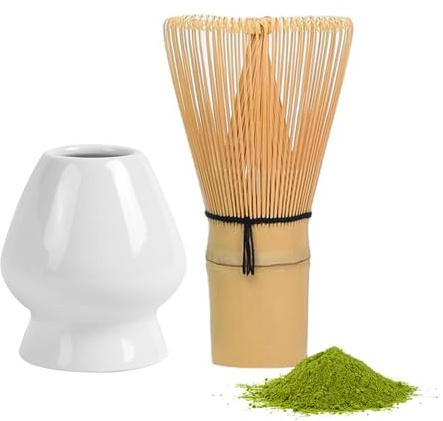 Matcha Whisk,2PCS Matcha Whisk Set with Traditional Bamboo Whisk and Ceramic Whisk Holder,Handcrafted Chasen for Matcha Tea,Matcha Making Kit Birthday Gift for Macha Lovers