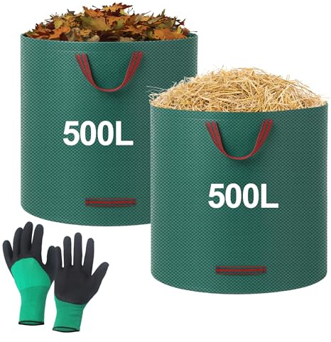 2 x 500L Sac de Jardin,Sac Jardin Dechets Verts, Sac Jardinage Dechets, Sacs à Déchets de Jardin Pliables et Réutilisables, Adapté aux Mauvaises Herbes, Aux Feuilles et aux Déchets
