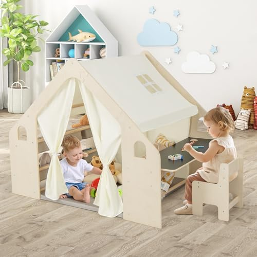 GOPLUS 6 in 1 Kinderzelt, Spielzelt Holz mit Schreibtisch, Stuhl & doppelseitige Tafel, Spielhaus Montessori mit Stauraum, Matte & Vorhänge, Holzspielzelt Indoor für Kinder von 2-6 Jahren (Groß)