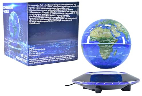 Kögler 75605 - Schwebender Globus mit LED Beleuchtung, ca. 14 cm groß, magnetische Weltkugel mit Farbwechsel, inkl. USB Kabel, als Weltkarte und Nachtlicht, Blau