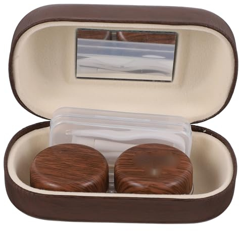 TOYANDONA Vintage Leather Wood Grain Large Contact Storage Case Dual Companion Holder for Travel and Daily Care Moisture-Sealing Cosmetic Eye Box in Dark Brown