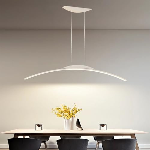 Dining Room Pendant Light Modern Curved LED Pendant Lamp with Remote Control Dimmable Linear chandelier Height Adjustable Cafe Pendant Lighting for Kitchen Island pub Office Light (White, 150cm)