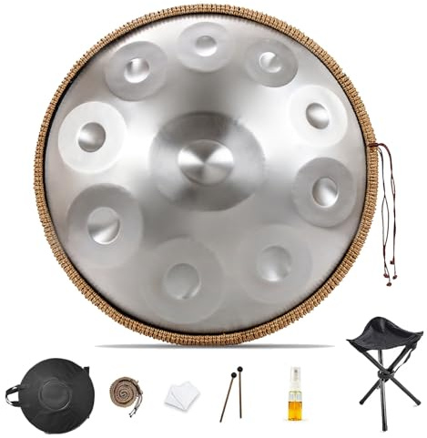 Handpan Adulte 440Hz 432Hz Handpan Drum Instrument 9/10/12 Notes Tambour Handpans Steel Tongue Drum Hand Includes Soft Bag, Mallets, Stand, Note Stickers(Argent,432 Hz/10 notes)