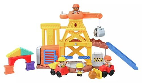 Kids Construction Site Playset, 16 Piece Building Toy Set with Crane, Trucks, Workers and Accessories, Educational Activity Center for Children