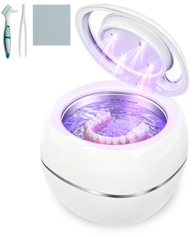 Ultrasonic Cleaner for Dentures, Retainers, Jewelry & Night Guards - 42kHz, 180ML Capacity, White - Compact & Efficient Cleaning Machine