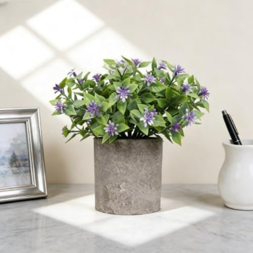 Artificial Potted Plant Desktop 22Cm Height, PE Cloth Bonsai Ornament Boxwood, Purple Lotus White Decorative Flower Faux Greenery With Pot(Purple)