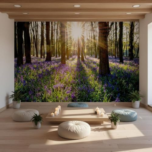 Sunny Graphics Print Forest Photo Wallpaper Mural, Sunlight Through Trees & Purple Lavender Flowers for Spa, Lounge, Indoor Garden Decoration Wall Covering