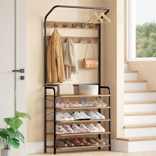 Hzuaneri Garderobenständer, 5 Regalböden, Verstellbar, Vintagebraun-Schwarz | Garderobe mit 1 Kleiderstange, 9 Haken, Freistehender Kleiderständer für Flur, Eingang, 30 x 78,5 x 195 cm, HT19001B