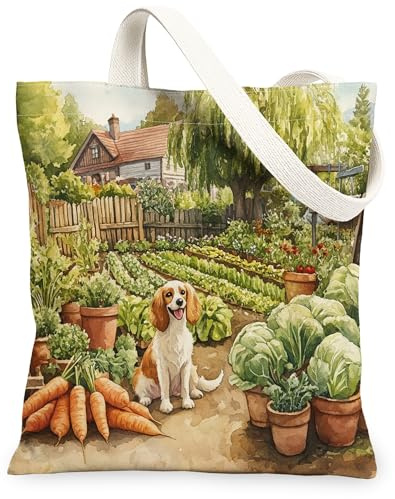 Spring Saluki Dog Gardening Canvas Tote Bag for Shopping 13x15, Puppy Farmhouse Country Reusable Grocery Print Pattern Bag for Women, Planting Aesthetic Painting Gift Decor