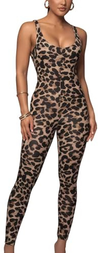 Barboteuse imprimée léopard pour Femme, Combinaison Une pièce sans Manches col en U Bretelles Spaghetti, Body Extensible sur Tout Le Corps, fête Club Sortie, Combishort de Yoga Coupe ajustée