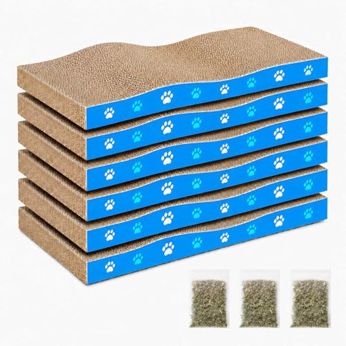 Petslucent Cat Scratching Board, Corrugated Cardboard Cat Scratcher for Indoor Cats, Reversible Double-Sided Cat Scratch Pad, Recyclable Scratching Pad with Catnip, 6 Pack