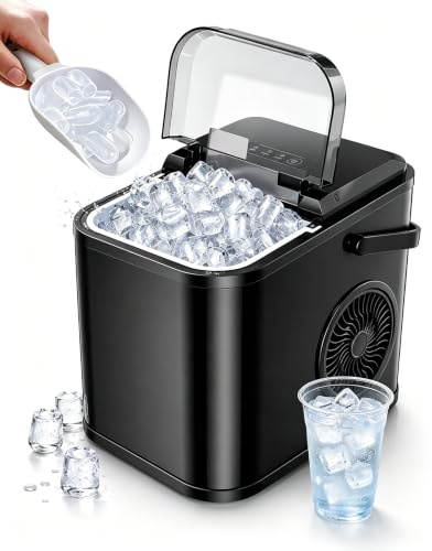 Ice Maker, Ice Maker Machine Countertop, 12KG/24H Portable Ice Machine, 8 Ice Cubes in 6 Mins, 2 Bullet Ice Sizes, Self-Cleaning with Scoop & Handle for Home, Kitchen, Office, Party