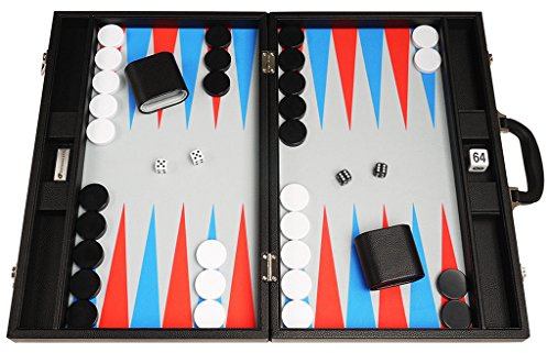 Silverman & Co. 48 x 64 cm Backgammon Reise Koffer für Erwachsene – schwarzes Kunstleder – Blaue und rote Spielpunkte – faltbares Backgammon-Set – leicht & tragbar – komplettes Spielset mit Zubehör