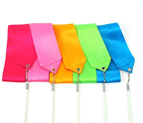 Grouptap 2M Gemstone rhythmic gymnastics dance silk streamer color ribbon (2 meters / 6.5 ft) set with twirling baton wand stick for girl kids (Ruby, Pink, Amber, Emerald, and Aquamarine)