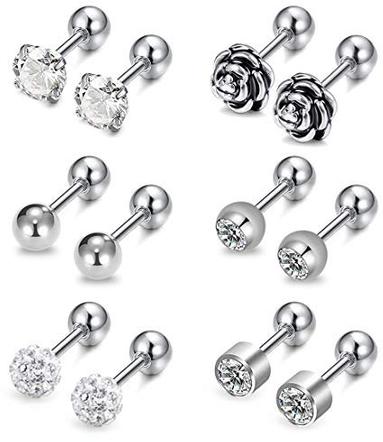 AVYRING 16G CZ & Kugel & Rose Tragus Piercing Ohr Chirurgenstahl Stud Ohrpiercing Helix Piercing Für Damen Herren 6 Paare - Silber