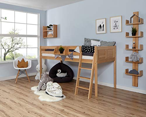 TiCAA Hochbett, Kinderbett Spielbett mit Treppe aus Buche Massivholz Bettgestell 90 x 200