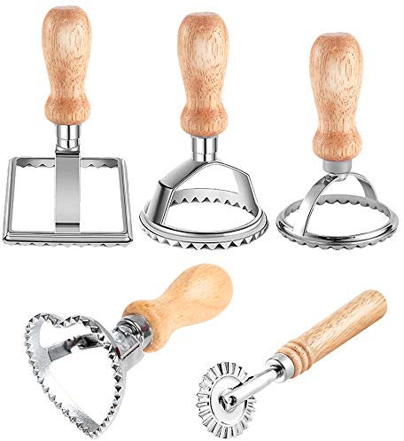 5Pcs Ravioli Stamp Set, Ravioli Cutters with Wooden Handle and Fluted Edge Pastry Cutter Dumpling Maker for Making Ravioli, Empanadillas or Cookies