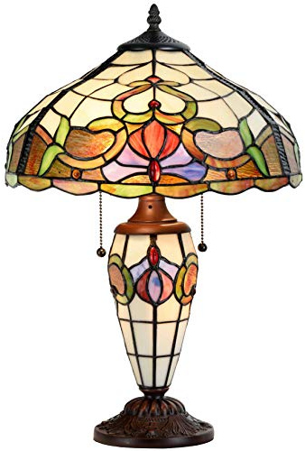 Bieye L10800 Baroque Tiffany Style Stained Glass Table Lamp with Lit Base for Bedside Living Room Bedroom, 14 W x 21 H