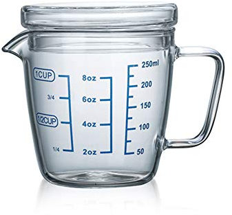 250ml Heat-Resisting Glass Measuring Cup With Lid - Scale for Holding Flour, Powder or Liquid - Microwave Safe Jug With Easy to Read Measurements
